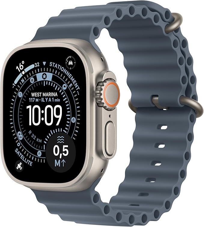 Apple Watch Ultra 3 [GPS + Cellular 49mm] Running and Multisport Smartwatch with Natural Titanium Case and Maritime Blue Ocean Strap Satellite Communications, Health and Activity Tracking